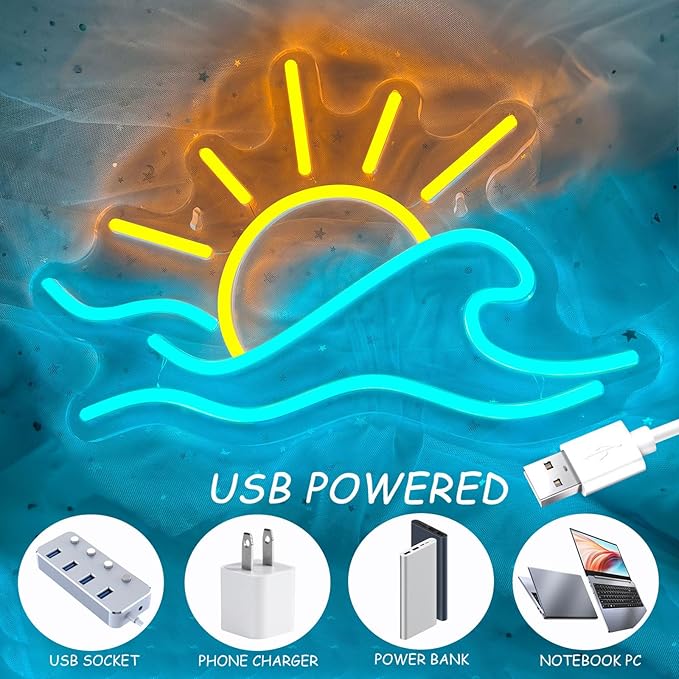 Sunrise Sunset Neon Sign, Dimmable Sun Sea Wave LED Neon Light for Wall Decor, USB Powered Ocean Surf Neon Signs, Acrylic Sun Sign for Bedroom Living Room Bar Cafe Game Room Birthday Party Christmas