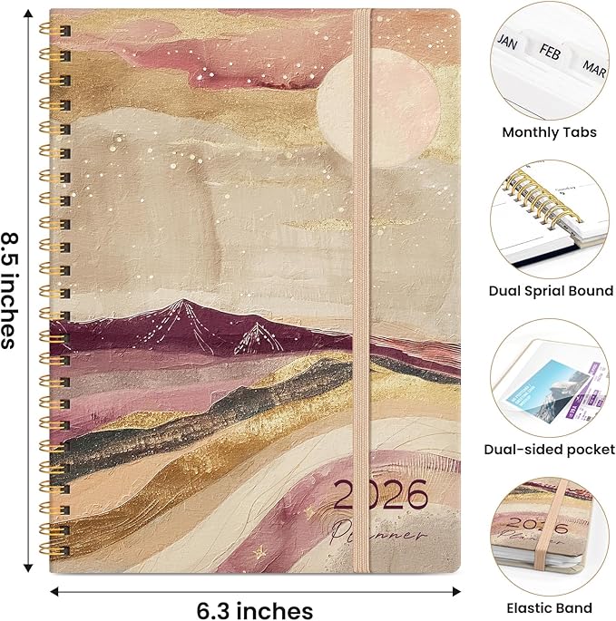 2026 Planner, Weekly and Monthly Planner for Women, Jan 2026 - Dec 2026 Pretty 2026 Calendar Planner with Monthly Tabs, Inner Pocket, Spiral Binding, Perfect for Office Home School - 6.3" x 8.5", Landscape