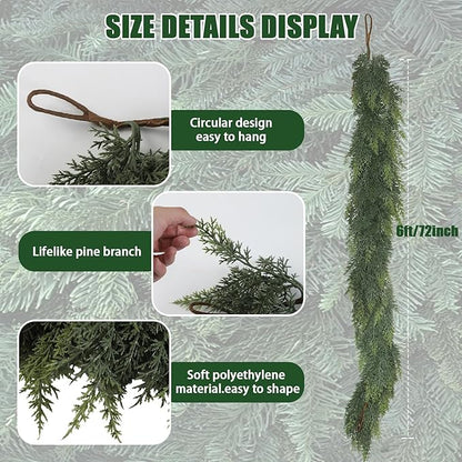 6 FT Christmas Garland,2 PCS Cedar Garland Artificial Realistic,Real Touch Pine Garlands，Christmas Greenery Garlands for Fireplace，Table Mantel Porch Indoor Outdoor Winter Xmas Decoration(2,6FT)