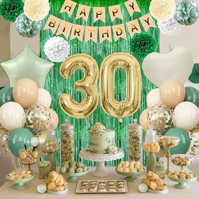 Sage Green 30th Birthday Decorations for Him Gold Number 30 Balloon Nude Gold Happy Birthday Banner Fringe Curtain Paper Pom Poms Olive Green Cream White Sand Star Foil Balloons Party Decor