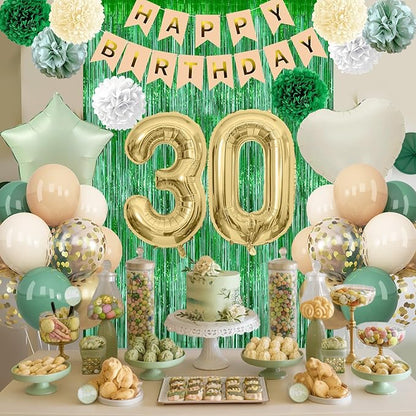 Sage Green 30th Birthday Decorations for Him Gold Number 30 Balloon Nude Gold Happy Birthday Banner Fringe Curtain Paper Pom Poms Olive Green Cream White Sand Star Foil Balloons Party Decor