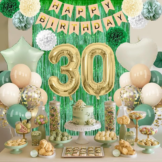 Sage Green 30th Birthday Decorations for Him Gold Number 30 Balloon Nude Gold Happy Birthday Banner Fringe Curtain Paper Pom Poms Olive Green Cream White Sand Star Foil Balloons Party Decor
