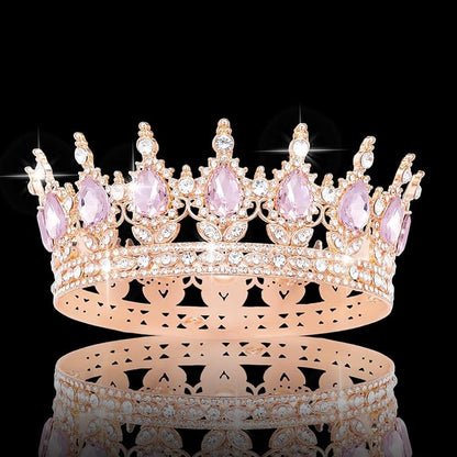 Queen Crown Rhinestone Wedding Crowns and Tiaras for Women Costume Party Hair Accessories Princess Birthday Crown Crystal Bridal Crown (Rose Gold & Pink Crown)