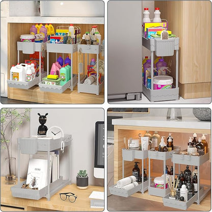 3 Pack Under Sink Organizers, 2-Tier Multi-Use Kitchen and Bathroom Organizers and Storage with Sliding Drawers, Bathroom Cabinet Organizer (Gray, 12.8 Inch)