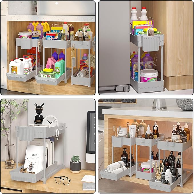 3 Pack Under Sink Organizers, 2-Tier Multi-Use Kitchen and Bathroom Organizers and Storage with Sliding Drawers, Bathroom Cabinet Organizer (Gray, 14.8 Inch)