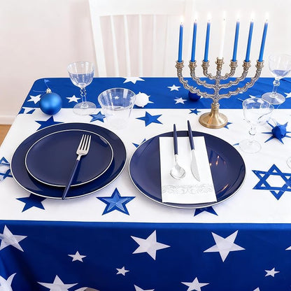 KIRE 175Pcs Blue Plastic Plates with Silver Rim & Disposable Silverware with Blue Handle & Silver-rim Cups & Hand Napkin & Plastic Dinnerware for Hanukkah/Parties/Wedding