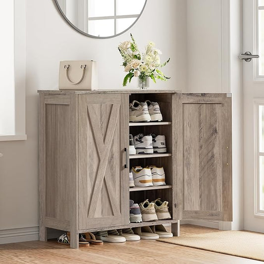 Farmhouse Shoe Cabinet with 2 Barn Doors & Wood Legs, 5-Tier Shoe Storage Cabinet with 3 Adjustable Shelves, Tall Shoe Rack Organizer for Closet, Shoe Organizer for Entryway, Hallway, Greige