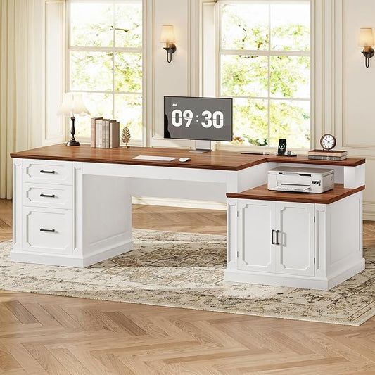 SEDETA 70.9" Executive Desk, Farmhouse Office Desk with Drawers and Storage Cabinet, Power Outlet, Computer Deskfor Home Office, Work Study Writing, White
