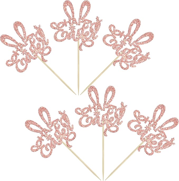 Ephlyn 24Pcs Rose Gold Glitter Easter Rabbit Ear Cupcake Picks Decorations for Happy Easter Day Theme Baby Shower Kids Birthday Party Supplies