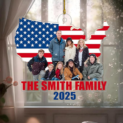 God Family Country Ornament 2025 – Personalized Acrylic USA Flag Ornament, Custom Photo Patriotic Christmas Tree Decoration, Memorial Keepsake Gift for Family, Veterans & Proud Americans