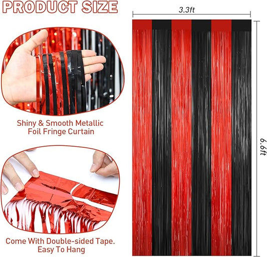 Black and Red Tinsel Backdrop Foil Fringe Curtains - 2 Packs Door Streamers Backdrop for Birthday Door Decorations, Party Supplies for Bachelorette, Graduation, Christmas, Disco Decor
