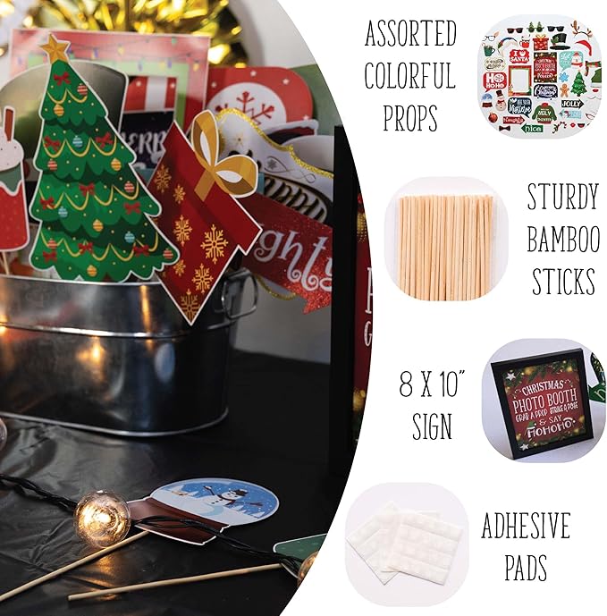 Christmas Photo Booth Props - 41-pc Photobooth Kit with 8 x 10-Inch Sign, 60 Adhesive Pads, 45 Sticks - Christmas Photobooth Props - Holiday Photobooth Prop