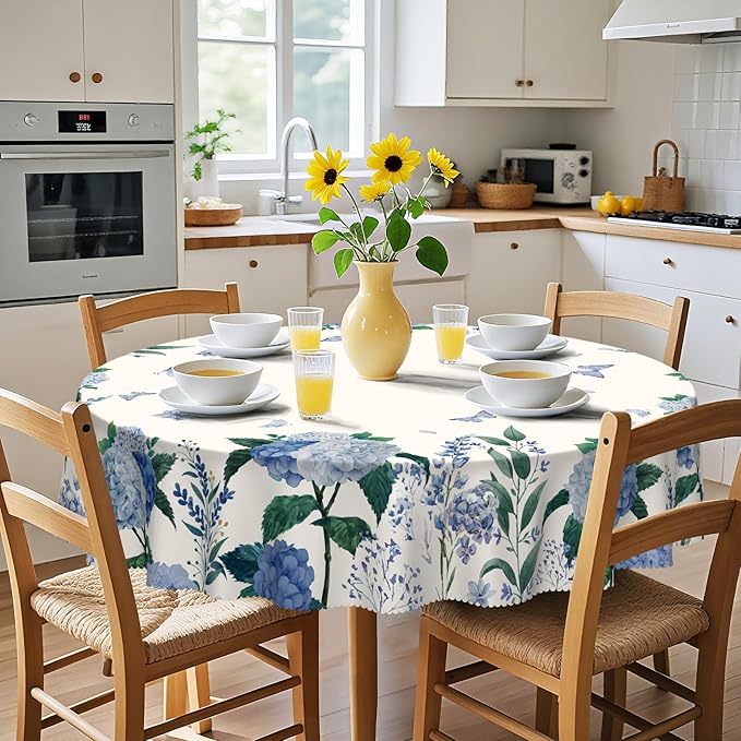 Eikione Round Tablecloth, Summer Tablecloths Polyester Waterproof Stain Wrinkle Free, Indoor and Outdoor Table Cover for Kitchen Party Dining Table