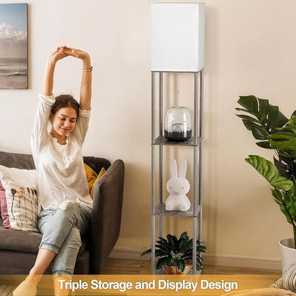 Floor Lamp with Shelves for Living Room Oak Gray, Shelf Floor Lamp with 3 CCT LED Bulb, Corner Display Standing Column Lamp Etagere Organizer Tower Nightstand with White Linen Shade for Bedroom Office