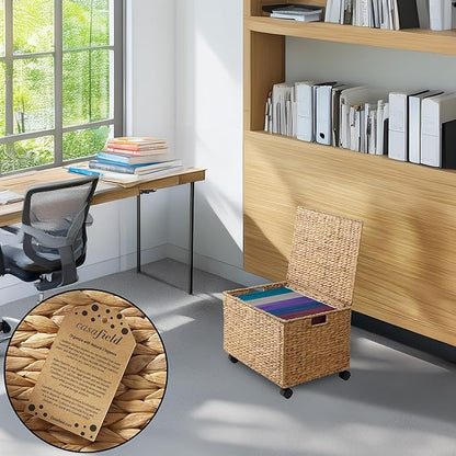 Casafield Rolling Filing Cabinet, Natural - Water Hyacinth File Organizer with Lid and Locking Wheels, Home Office Storage for Hanging Folders
