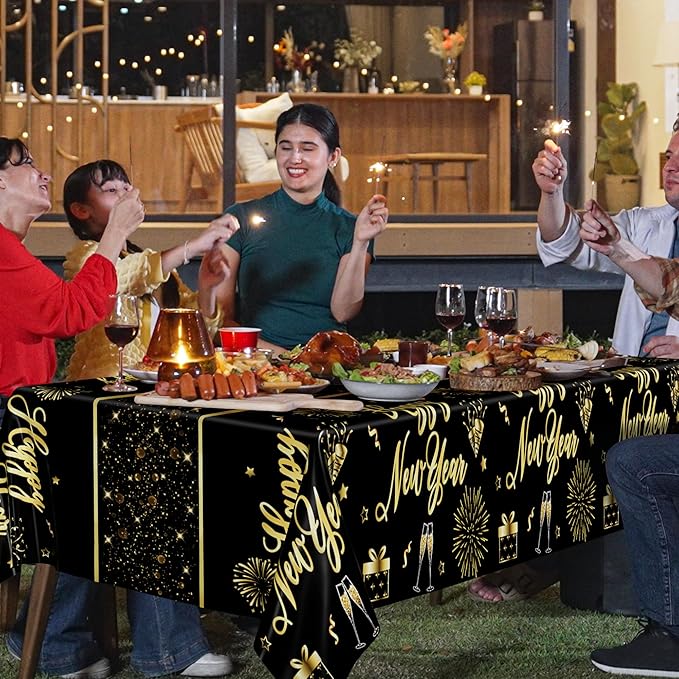 3 Pcs New Years Tablecloth, 108 x 54 Inches Disposable Plastic NYE Table Cover 2026, Rectangle New Years Eve Tablecloth with Black Gold Firework Design, Waterproof Table Cover for Nye Party Supplies