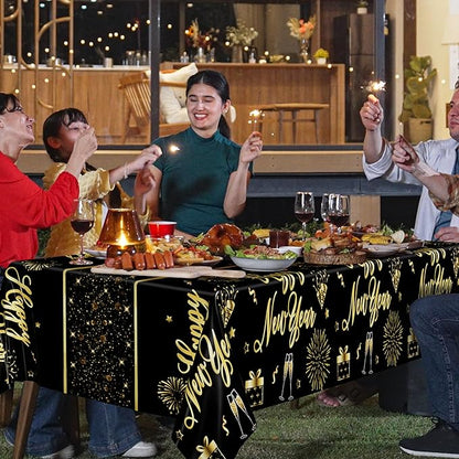 3 Pcs New Years Tablecloth, 108 x 54 Inches Disposable Plastic NYE Table Cover 2026, Rectangle New Years Eve Tablecloth with Black Gold Firework Design, Waterproof Table Cover for Nye Party Supplies