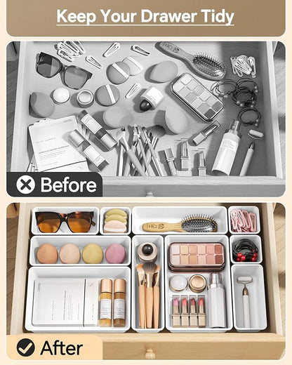 25 PCS Plastic Drawer Organizers Set, 4 Sizes Vanity Organizer, Makeup and Desk Drawer Organizer Trays, Organization and Storage for Makeup, Bathroom, Kitchen Utensils and Office (White)