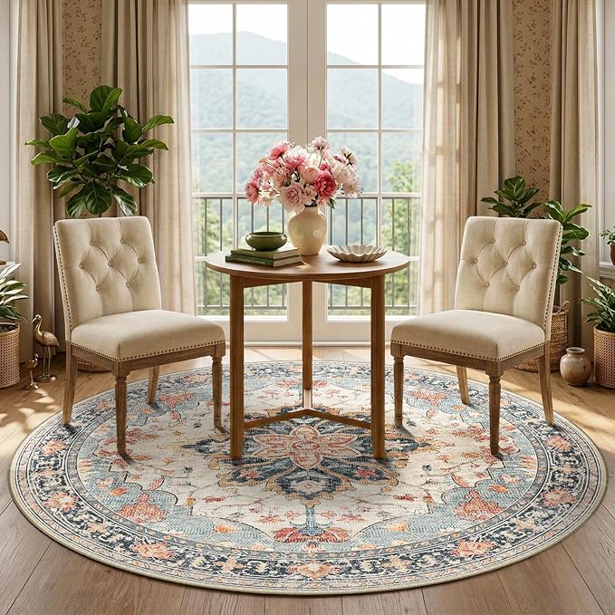 Area Rugs 5ft Washable Non-Slip, Floral Vintage Distress Print Pattern Medallion Carpet for Living Room Bedroom Dining Room, Beige Navy Blue Orange Colorful