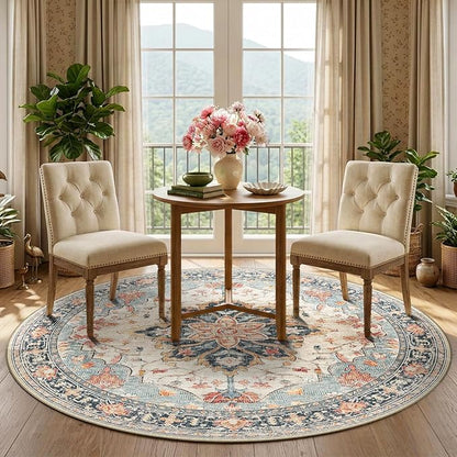 Area Rugs 5ft Washable Non-Slip, Floral Vintage Distress Print Pattern Medallion Carpet for Living Room Bedroom Dining Room, Beige Navy Blue Orange Colorful