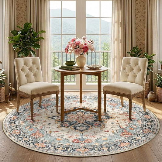 Area Rugs 5ft Washable Non-Slip, Floral Vintage Distress Print Pattern Medallion Carpet for Living Room Bedroom Dining Room, Beige Navy Blue Orange Colorful