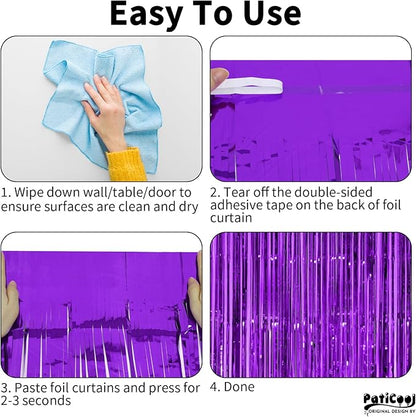 Thicken Purple Streamers 4 Pack 3.2 x 8.2 FT, Purple Birthday Decorations Tinsel Backdrop Curtains, Foil Fringe Photo Backdrop for Halloween, Graduation Party Decorations