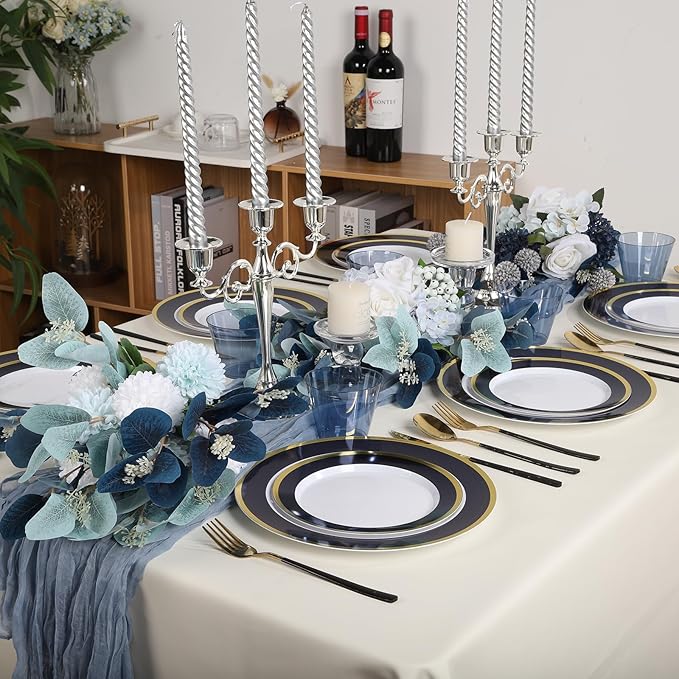 100PCS Halloween Plastic Plates Disposable Heavy Duty Include 50PCS 10.25inch Dinner Plates and 50PCS 7.5inch Dessert Plates Dinnerware for Halloween Party Wedding New Year,Dark Blue