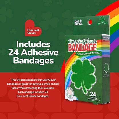 BioSwiss Kids Bandages, 4 Leaf Clover Shaped Self Adhesive Bandage Set, Latex Free, Sterile Wound Care, 24 Count