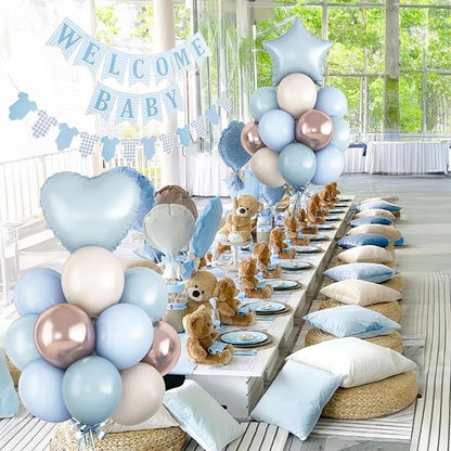 Dusty Blue Baby Shower Decorations Oh Welcome Baby Boys Balloon Set with Star Heart Foil Balloons Bunting Banner Bodysuit Garland Boho Pastel Blue Gold White Sand Gender Reveal Party Decor for Girls