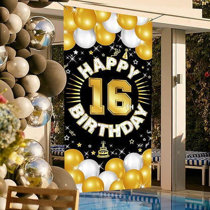 Happy 16th Birthday Decorations for Boys and Girls, 16 Years Old Birthday Fabric Backdrop Banner, Sixteen Party Supplies, Photo Booth Background, Door Wall, Yard Decor for Indoor Outdoor Use