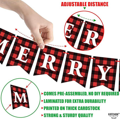 KatchOn, Merry Christmas Banner for Mantle- Large, 10 Feet, No DIY | Red and Black Christmas Fireplace Banner | Buffalo Plaid Christmas Decorations Indoor | Xmas Party Decorations | Xmas Decorations