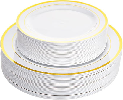 Aya's 60 Pack Heavy Duty Plastic Plates with Gold Rim - 30 Each of 10" Dinner and 7.5" Appetizer White Disposable Plates - Elegant Fancy Plastic Plates for Party, Weddings, and Special Events