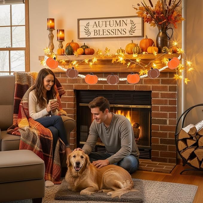 2 Pcs Fall Decorations for Home Felt Pumpkin & Wood Bead Garlands with Maple Leaf Lights for Mantel Ideal for Fall Thanksgiving Halloween and Holiday Decor
