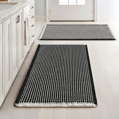 MIULEE Set of 2 Waffle Bathroom Rugs, Boho Bath Rugs Non Slip Washable, Super Absorbent Bath Mats, Ultra Soft Rubber Backed Shower Mats for Bathroom Floor, Tub and Shower, Black & Cream, 18x30 Inch