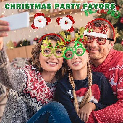 Christmas Party Favors Supplies 24 Pack - Glitter Glasses & Headband Set, Funny Holiday Party Decorations Photo Props, Xmas Costume Eyeglasses Frame & Headwear Accessories Goodie Bag Stocking Stuffers