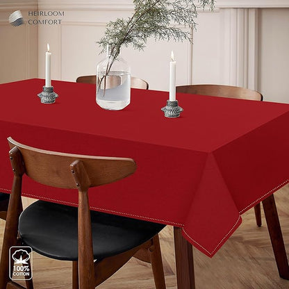 Red Cotton Tablecloth, Table Cover 52x70 Inch, Fits 4-6 Seats, Soft, Washable, Wrinkle Resistant, Rectangle Table Cloth for Dining, Anniversaries, Festive Gatherings, Family Dinner
