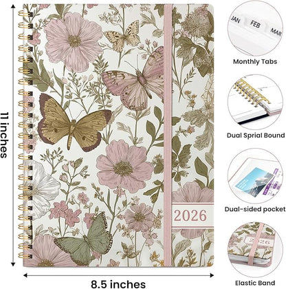 2026 Planner, Weekly and Monthly Planner for Women, Jan 2026 - Dec 2026 Pretty 2026 Calendar Planner with Monthly Tabs, Inner Pocket, Spiral Binding, Perfect for Office Home School - 8.5" x 11", Pastel Floral