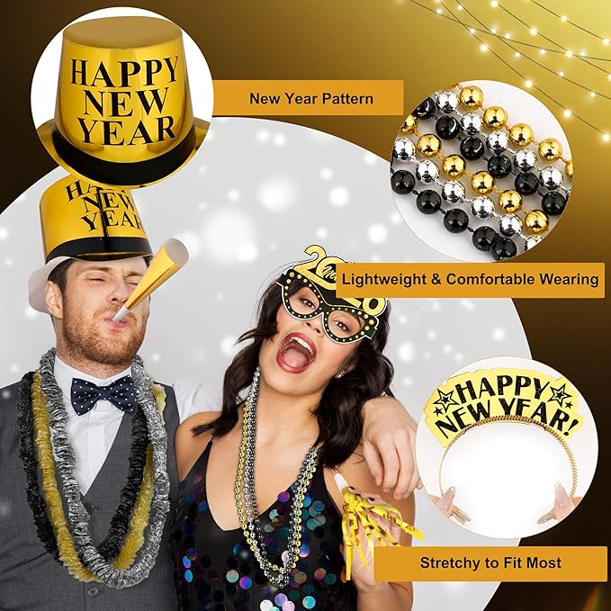 Fovths 145 Pieces 2026 New Years Eve Party Supplies Party Top Hats Headband Glasses Hand Clapper Leis Necklaces 2026 Gold Foil Balloons Happy New Year Decorations