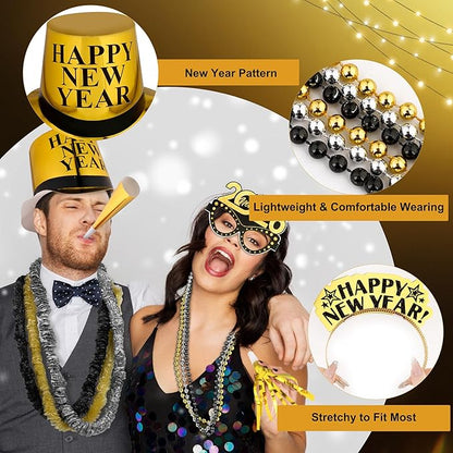 Fovths 145 Pieces 2026 New Years Eve Party Supplies Party Top Hats Headband Glasses Hand Clapper Leis Necklaces 2026 Gold Foil Balloons Happy New Year Decorations