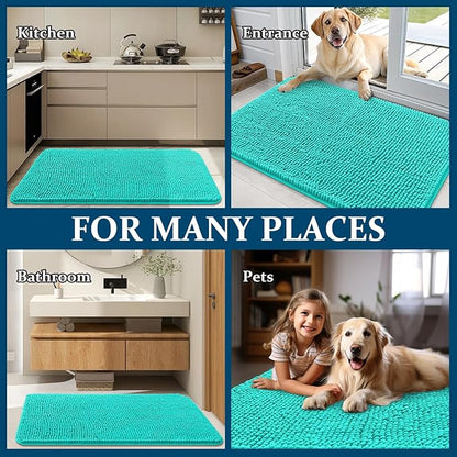 OLANLY Dog Door Mat for Muddy Paws 24x16, Absorbs Moisture and Dirt, Absorbent Non-Slip Washable Doormat, Quick Dry Chenille Mud Mat for Dogs, Entry Indoor Entryway Carpet for Inside Floor, Teal