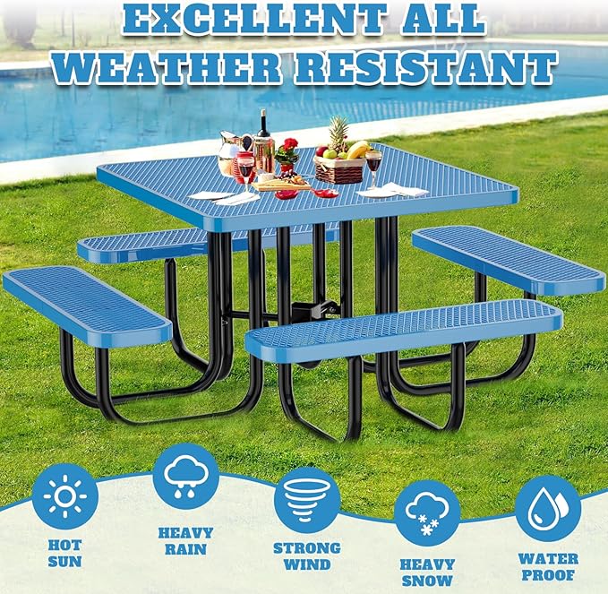 47'' Heavy-Duty Metal Picnic Tables with Umbrella Hole, Outdoor Steel Heavy Duty Commercial Grade Black Table, Outdoor Bench Set for Lawn, Patio, Park, Yard, Garden, Porch (Set B, Square)