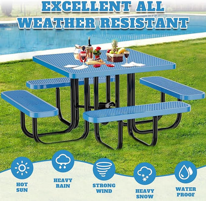 47'' Heavy-Duty Metal Picnic Tables with Umbrella Hole, Outdoor Steel Heavy Duty Commercial Grade Black Table, Outdoor Bench Set for Lawn, Patio, Park, Yard, Garden, Porch (Set B, Square)