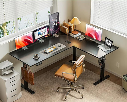 Casaottima 63 Inch Reversible L Shaped Electric Standing Desk, Ergonomic Height Adjustable Desk, Large Lift Corner Stand up Table for Workstation, Home Office, Reception Room, Black