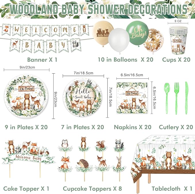 Woodland Baby Shower Decorations - Plates, Napkins, Cups, Cutlery, Cake & Cupcake Toppers, Banner, Hanging Swirls, Tablecloth, Balloons for Woodland Safari Birthday Party Decorations, Serve 24