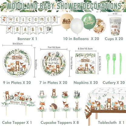 Woodland Baby Shower Decorations - Plates, Napkins, Cups, Cutlery, Cake & Cupcake Toppers, Banner, Hanging Swirls, Tablecloth, Balloons for Woodland Safari Birthday Party Decorations, Serve 24