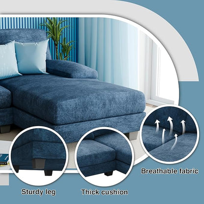 Furniwell Convertible Sectional Sofa Couch, 4 Seat Sofa Set for Living Room U-Shaped Modern Fabric Modular Sofa Sleeper with Double Chaise & Memory Foam (Fabric, Blue)