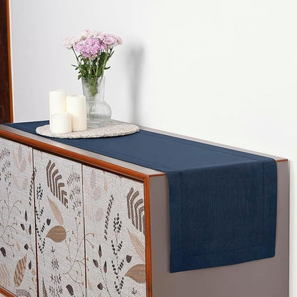 D'Moksha Homes Linen Navy Blue Table Runner 60 Inches - Classic Hemstitch, 100% Pure Linen Coffee Table Runner 14 x 60 Inch Ideal for Dresser Tables - Winter, Christmas, Holiday