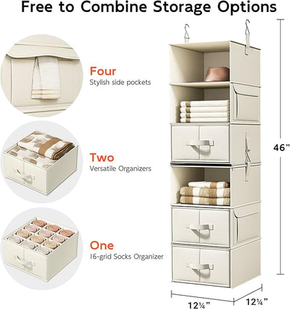 Vailando 6-Shelf Hanging Closet Organizer with 3 Drawers, 2 Separable 3-Shelf Closet Organizers and Storage for Wardrobe Organization, Hanging Dresser for Nursury & Dorm Clothes Organizer, Beige