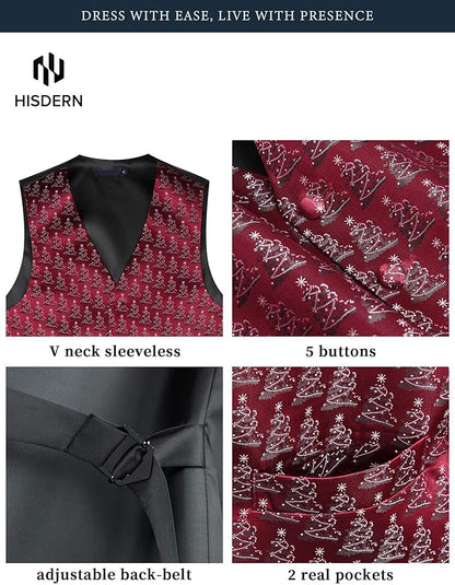 HISDERN Men's Suit Vest Christmas Holiday Season Party Jacquard Waistcoats Necktie Pocket Square Vest Suit Set