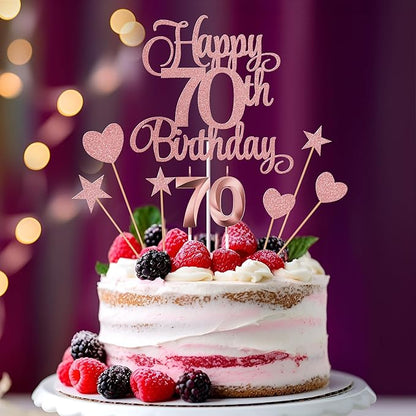 70th Birthday Cake Decorations, 70th Birthday Candles Cake Numeral Candles and Glitter Happy 70th Birthday Cake Toppers Set for Birthday Party Supplies (Rose Gold)